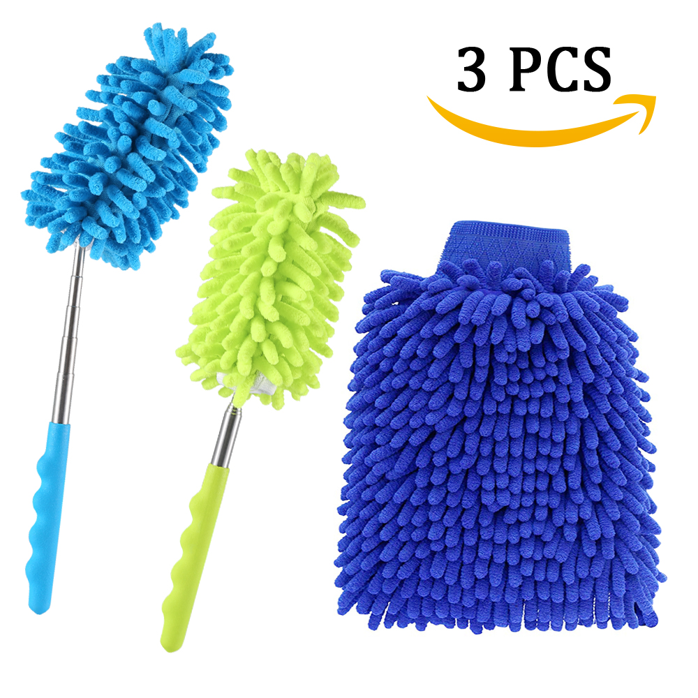 Microfiber Wash Mitt, Cobweb Duster for Home Office Car, 360 Degree Dusting Brush with Extendable Pole, Washable Duster Head, 3 Set