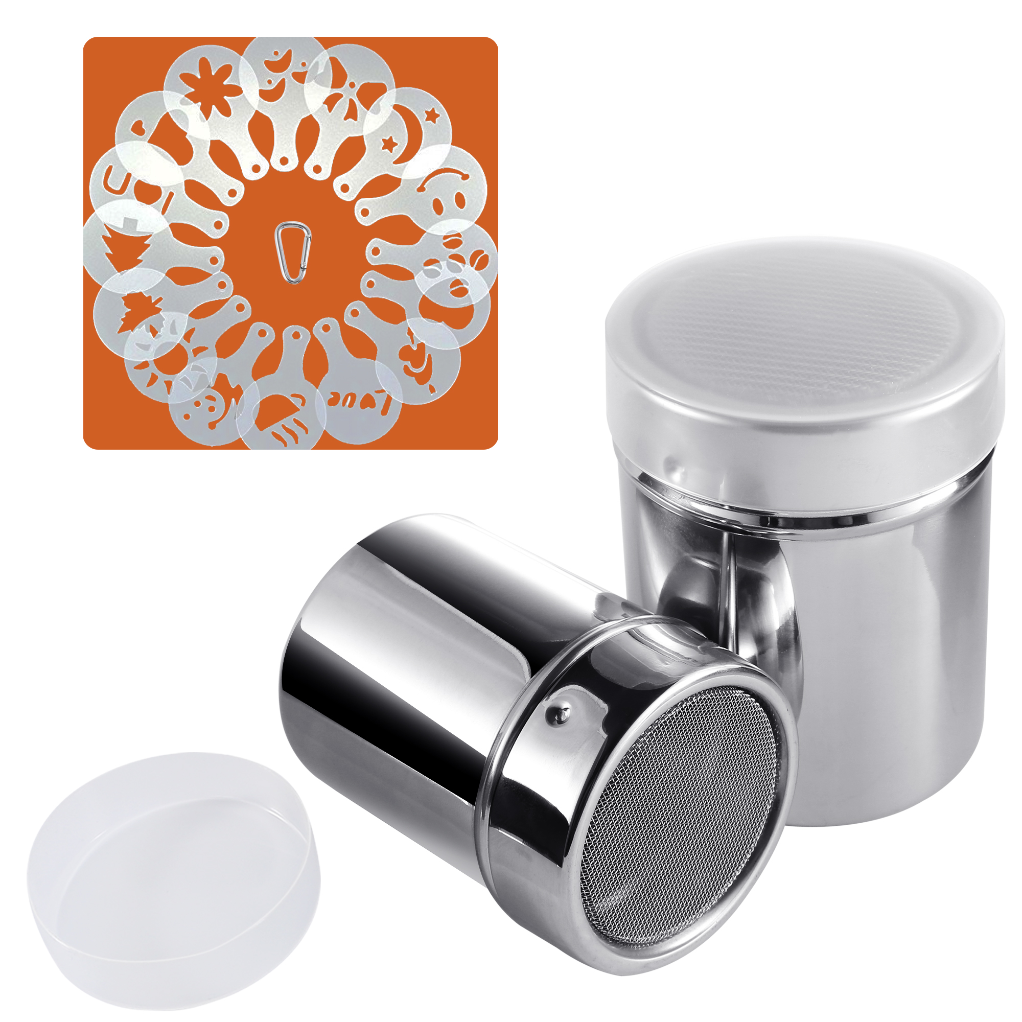 SOSMAR 2 Sizes Stainless Steel Chocolate Shaker/ Dredgers / Sprinkler Icing Sugar Salt Cocoa Flour Coffee Latte Cappuccino Mesh Sifter with Lid, 16 Pcs Coffee Stencils & Clip