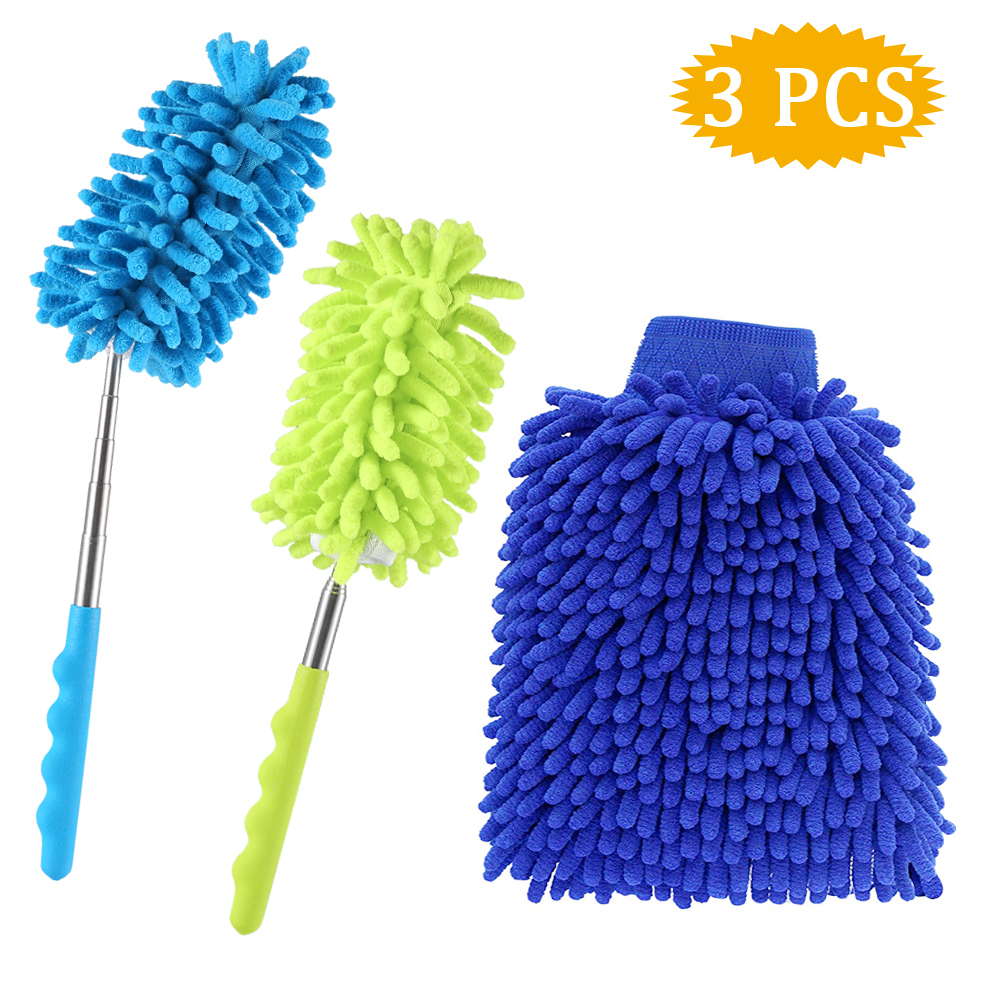 Auto Haushalts Büro Mikrofaser Staubwedel + Waschhandschuh, SOSMAR Set von 3pcs Staubwischer, waschbare Staubwedel Duster 360° biegsam mit Teleskopstiel, weicher Autowaschhandschuh zum Waschen Putzen